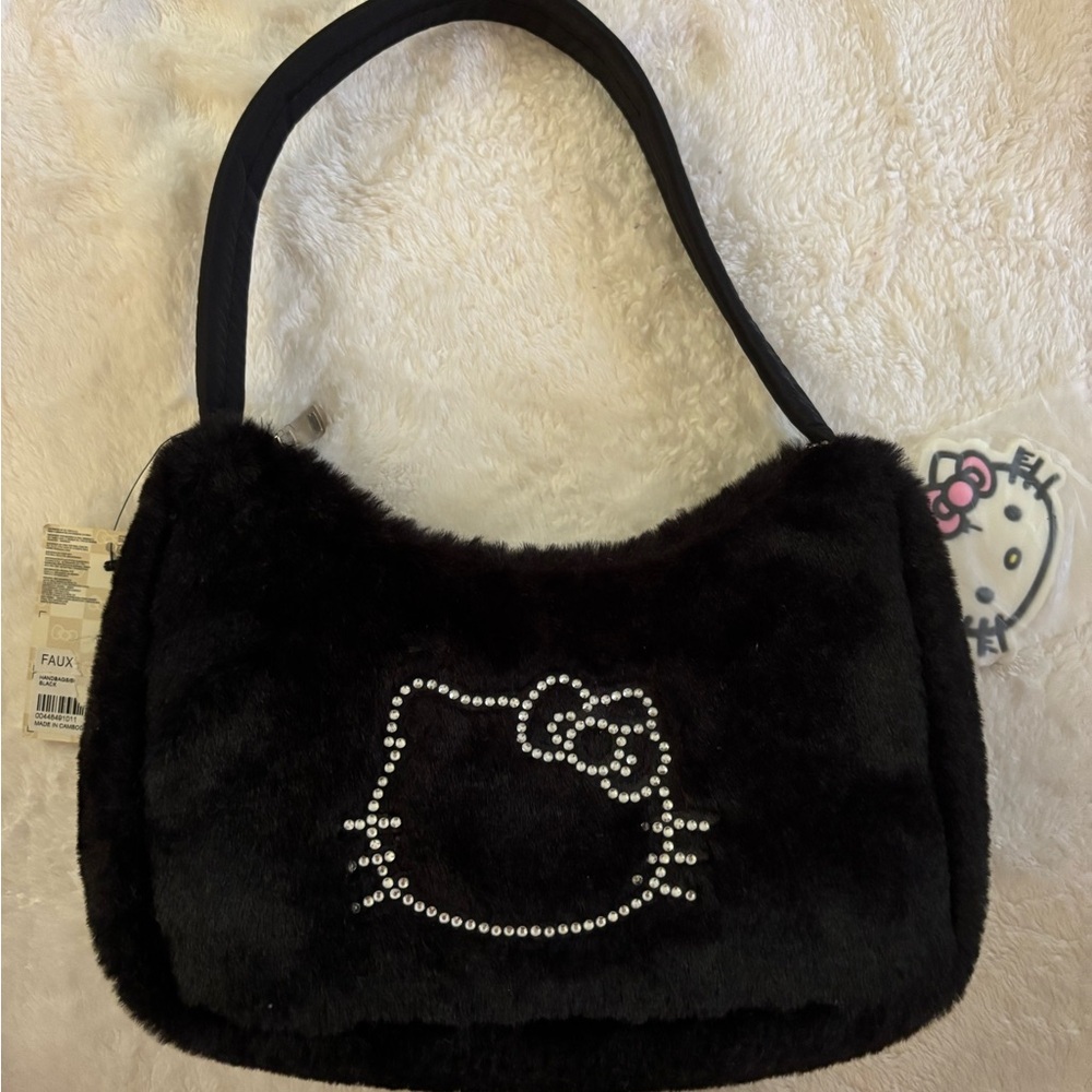 Hello Kitty Black Faux Fur Shoulder Bag with Rhinestone Design